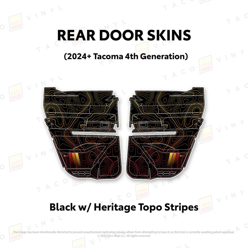 TacomaForce Rear Driver/ Passenger / Black w/ Heritage Topo/ Stripes 4th Gen Tacoma Door Skins