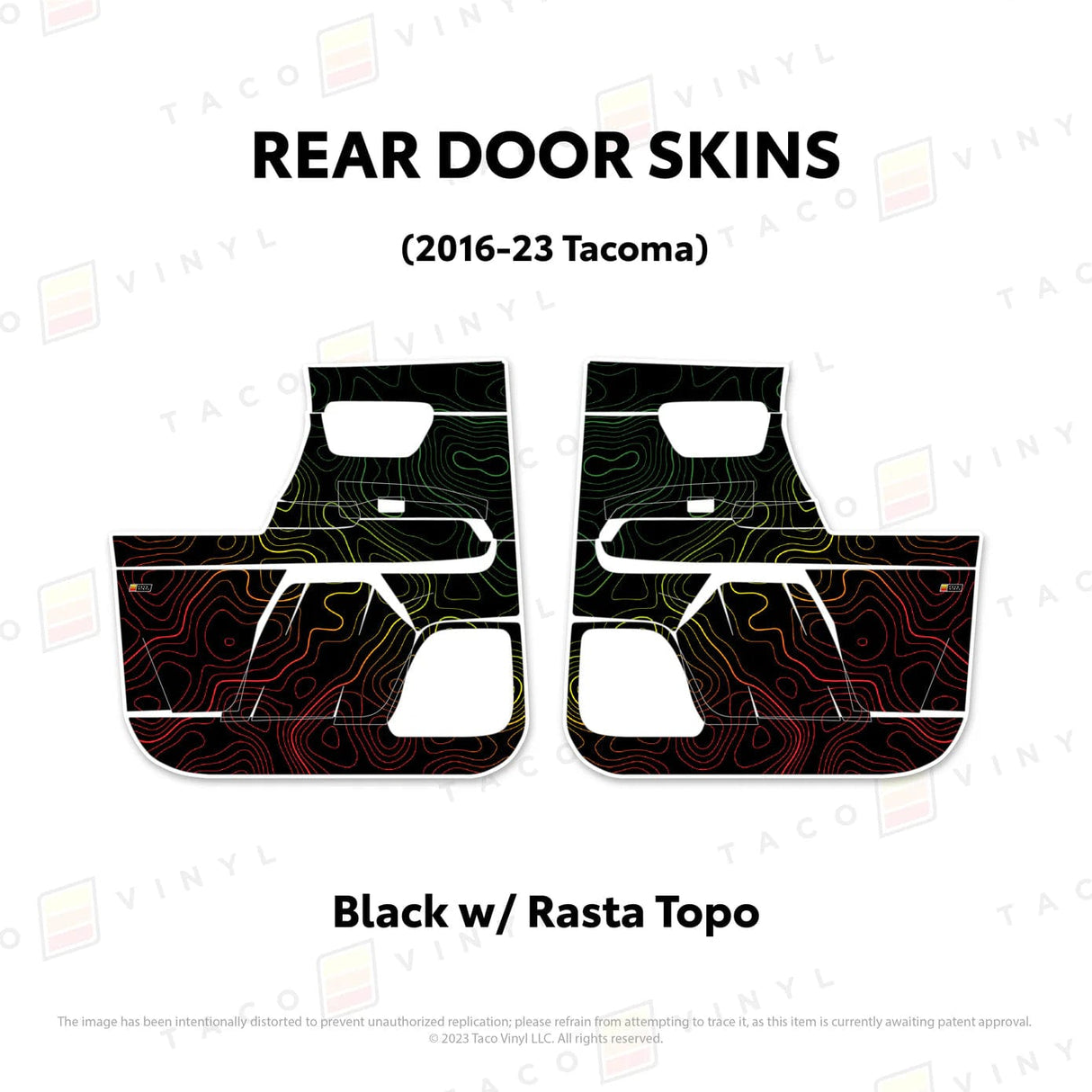 TacomaForce Rear Driver/ Passenger / Black w/ Rasta Scheme Topo 2016-2023 3rd Gen Tacoma Door Skins – Ultimate Protection & Style