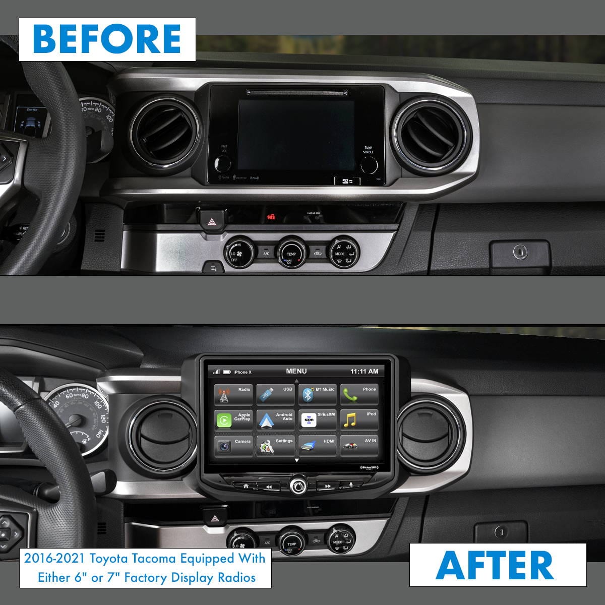 TacomaForce TOYOTA TACOMA (2016-2022) Heigh10 RADIO REPLACEMENT KIT - INCLUDES 10" TOUCHSCREEN RADIO & PLUG-AND-PLAY INSTALLATION